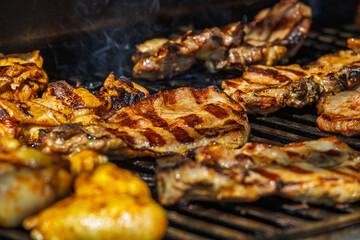 Grilled Meat on Barbecue Grill with Smoke and Juicy Golden Brown Marinated Texture