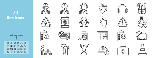 Line icon set illustrating workplace safety, fire protection, helmet use, and worker security. Includes evacuation plans, emergency response, accident prevention, and equipment standards.