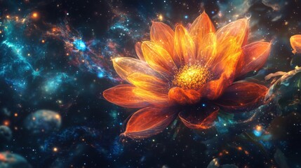 Orange Flower in Cosmic Space, Galaxy Background