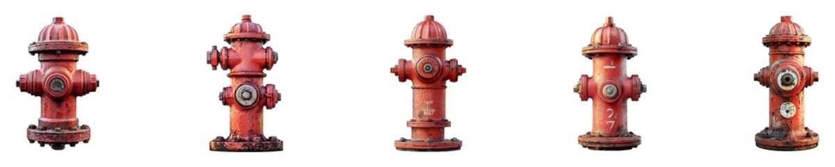 Fototapeta premium Set, Group of red fire hydrant Isolated on Transparent Background&nbsp;PNG&nbsp;Image.