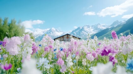 Vibrant alpine meadow with wooden chalet and snow-capped peaks