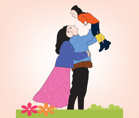 Happy man and woman couple with their daughter flat vector illustration.Family illustration concept.