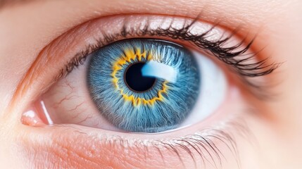 A close-up of a human eye with vibrant blue iris and striking yellow starburst pattern, detailed eyelashes and skin texture, and macro photography concept.