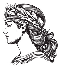 Elegant Woman Portrait Engraving with Floral Headpiece Illustration
