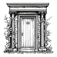 Engraving of a Classic Door Surrounded by Ivy and Columns