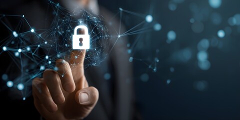 Cybersecurity and privacy concepts to protect data. Lock icon and internet network security technology. A businessman protecting personal data and internet privacy