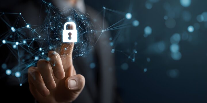 Cybersecurity and privacy concepts to protect data. Lock icon and internet network security technology. A businessman protecting personal data and internet privacy