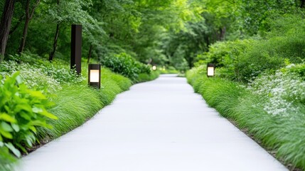 Serene pathway through lush green gardens