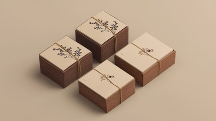 Four Small Brown Square Gift Boxes with String