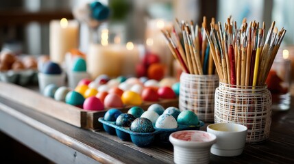 Obraz premium Colorful Easter Egg Decoration Station with Paints and Brushes for Creative Artistic Inspiration