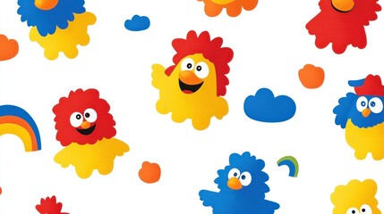 Colorful cartoon birds and clouds pattern
