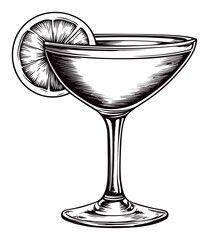 Elegant Engraving of a Cocktail Glass with Lemon Slice Detail