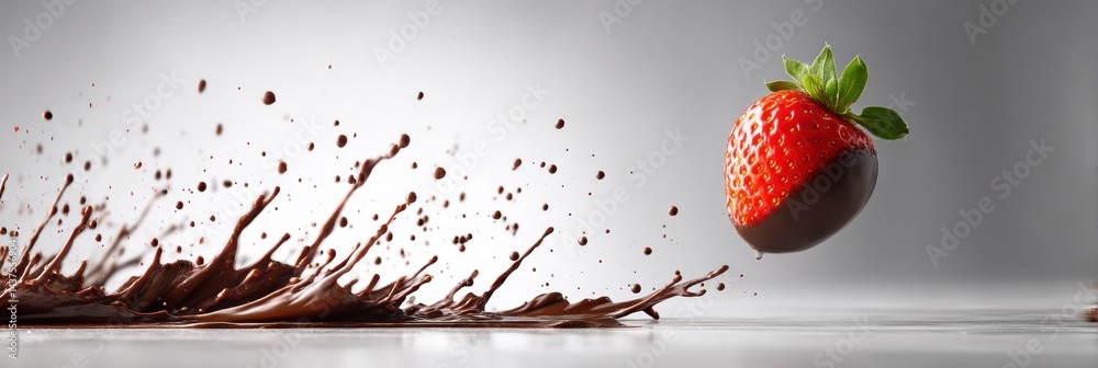 Poster Chocolate Dipped Strawberry Floating Above Splashes of Melted Chocolate in a High-Key Setting Showcasing Deliciousness