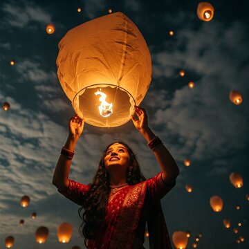 woman releasing sky lantern happily for celebrating asian traditional festival diwali