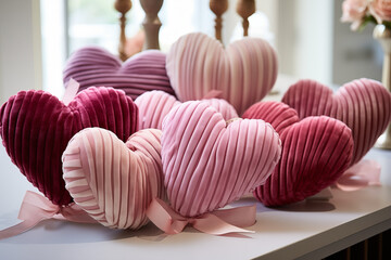 Pink and burgundy velvet-textured hearts with subtle, embossed stripes on wooden table background
