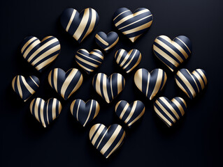 A luxurious composition of reflective, metallic-striped hearts arranged symmetrically on a deep black or navy-blue backdrop