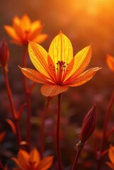 Golden Hour Bloom A Single Flower Illuminated by Warm Sunlight in a Field of Similar Flowers