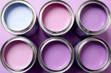 Top view of open cans of interior paint in different pastel shades against a pink background.