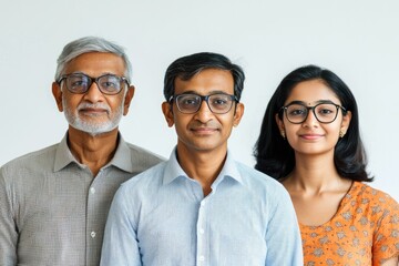 A portrait of three Indian people, a father, son, and daughter, standing shoulder to shoulder, all wearing glasses and looking directly at the camera.