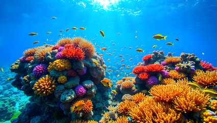 Naklejka premium Vibrant Tropical Coral Reef Underwater Paradise of Colorful Corals and Fish