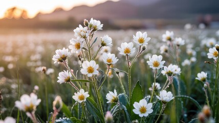 Dew-covered white wildflowers glowing in soft golden meadow sunrise