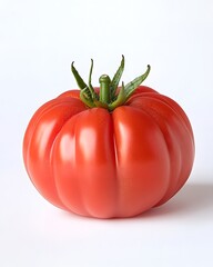 Ripe red tomato with green stem on white background
