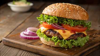 Close-up of a gourmet burger with beef patty, avocado slices, and fresh greens, bright natural lighting.