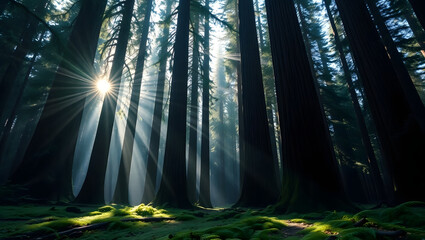 Obraz premium Ancient Forest Sunbeams Majestic Redwood Trees and Misty Sunlight