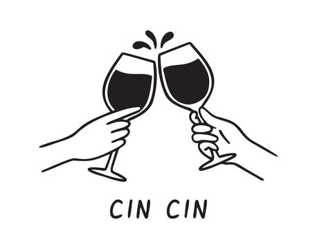 Hands holding wine glasses emblem cin cin lettering doodle hand drawn text.
