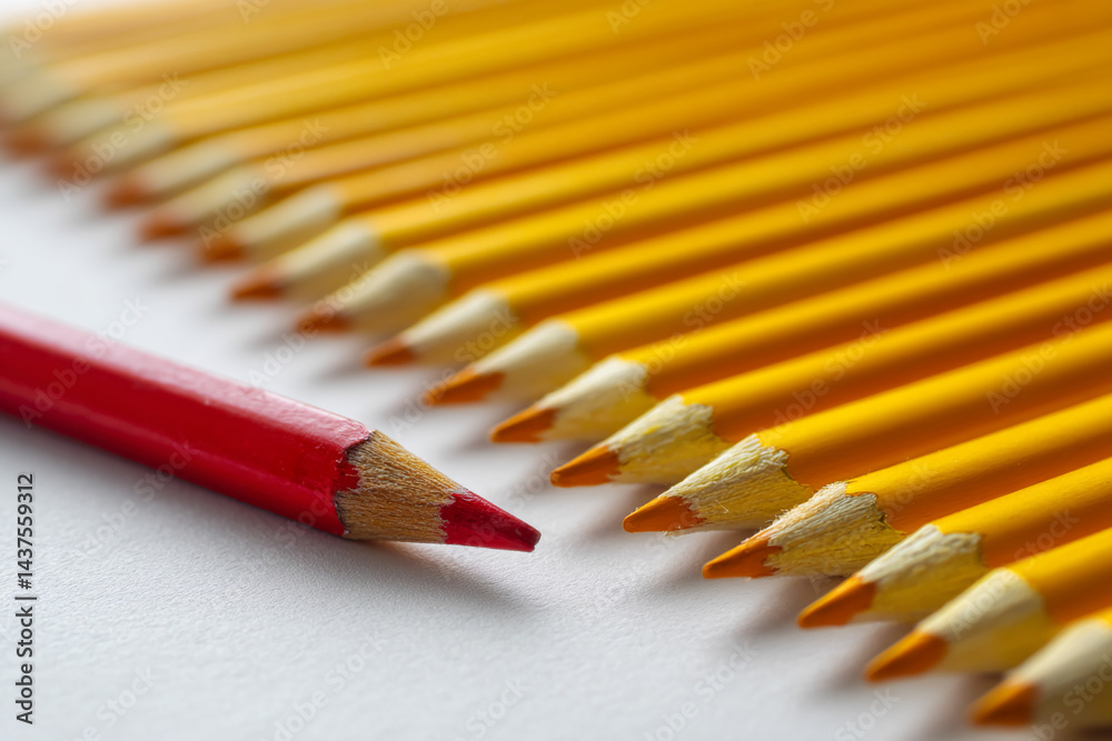 Poster close-up of red pencil standing out from row of yellow pencils, illustrating individuality and diffe