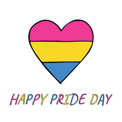Colorful heart shape Pansexual pride flag Happy pride day LGBTQIA community Pride Month Vector hand drawn doodle for posters, stickers, logo, cards