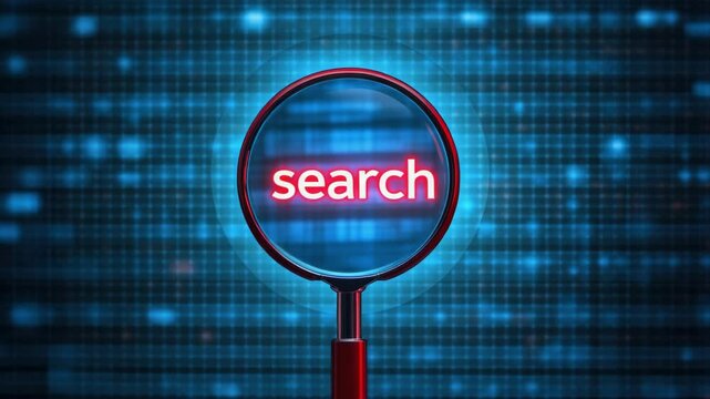 A magnifying glass standing upright and a conversation bubble with word search, simple background, search engine concept
