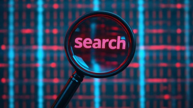 A magnifying glass standing upright and a conversation bubble with word search, simple background, search engine concept