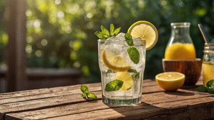 Fototapeta premium Refreshing citrus drink outdoors on a rustic table