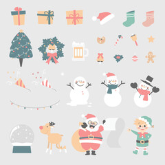 collection set of christmas ornaments decoration element, flat vector illustration cartoon character costume design