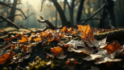 Fallen birch leaves, ochre, rust-orange hues, scattered on moss in a shadowed forest setting.