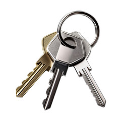 Three metallic keys attached to a keyring.