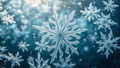 Delicate snowflakes suspended in glacial water, displaying intricate ice crystals, blue hues, and air bubbles.