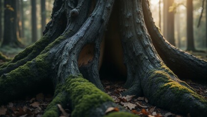 Obraz premium Ancient redwood bark texture, deep fissures, charcoal gray, umber lines, ochre interior, mossy forest.