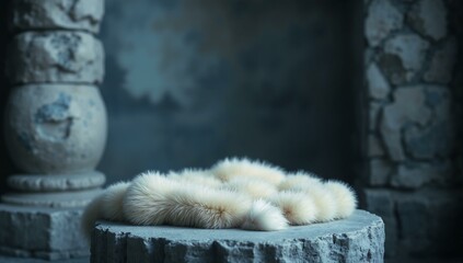 Luxurious arctic fox fur rests on aged stone, displaying cool tones and hints of regal decay.