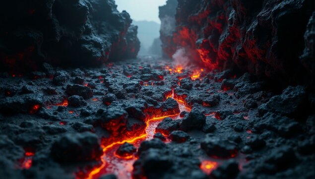 Volcanic cavern with black obsidian, orange lava bubbles, and grey-rose basalt rock formations.