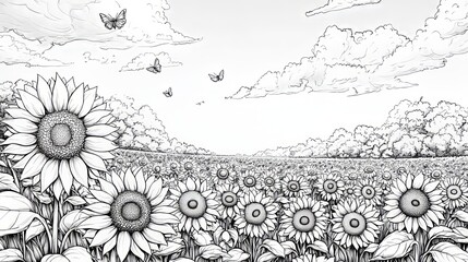 Black and White Sunflower Field Coloring Page for Relaxation and Fun
