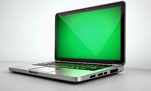 Silver Laptop with Green Screen on White Background