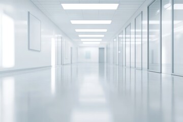 A sterile, bright white hallway with glass walls and reflective floors. Great for illustrating concepts of cleanliness and modernity.