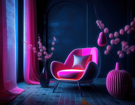  A beautifully designed spring themed living room interior featuring a stylish modern armchair