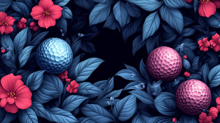 Decorative floral frame with golf balls. Dark background surrounded by vibrant pink and teal flowers and leaves. Two golf balls, one light blue and one magenta, sit nestled in the foliage.