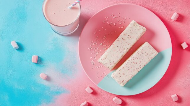 Protein bars and pink smoothie on pastel pink and blue background, sweet healthy snack concept with minimal modern style, copy space