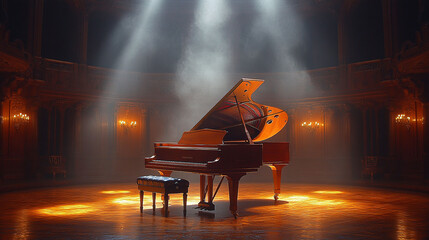 Grand piano on stage in ornate hall, illuminated by spotlights.