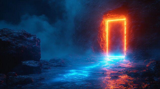 Neon glowing rectangular doorway in a dark, rocky, mystical landscape.