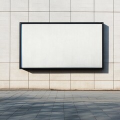Blank billboard mounted on a light beige tiled wall
